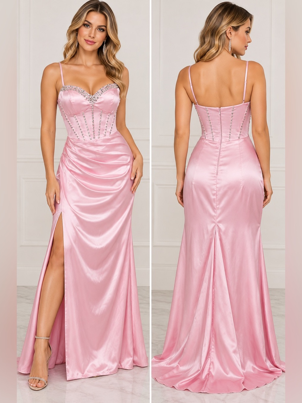 Juliet’s Bridal Pink Satin Rhinestone Corset Prom Gown Size 6 NWT